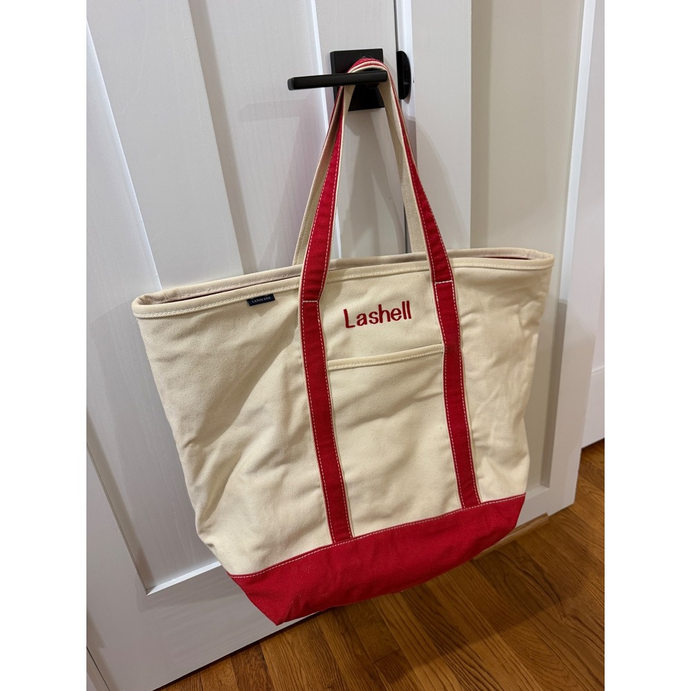 Lands End Canvas Boat Tote Bag Extra Large Cream Red Zipper Personalized Lashell